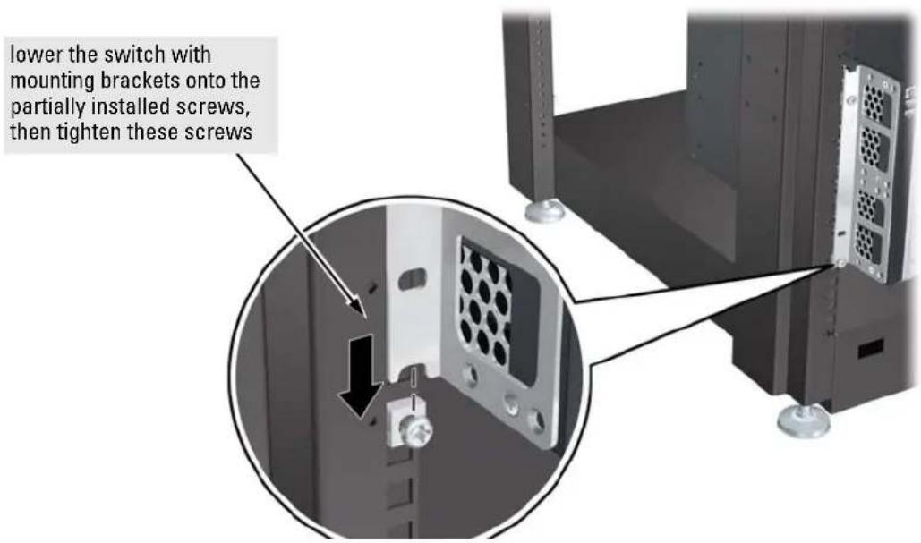 lower the switch with mounting brackets onto the partially installed screws, then tighten these screws