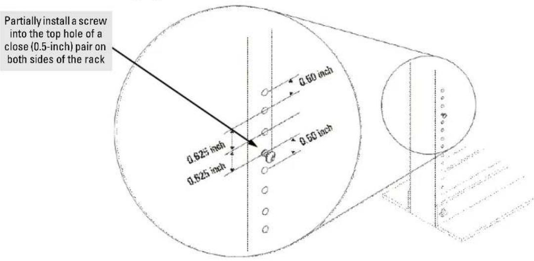 Partially install a screw into the top hole of a close (0.5-inch) pair on both sides of the rack 0.60 inch 0.625 inch 0.625 inch 0.60 inch