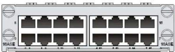 Front view of a network switch unit with 16A5E ports and indicator lights (no text or symbols on the device itself)