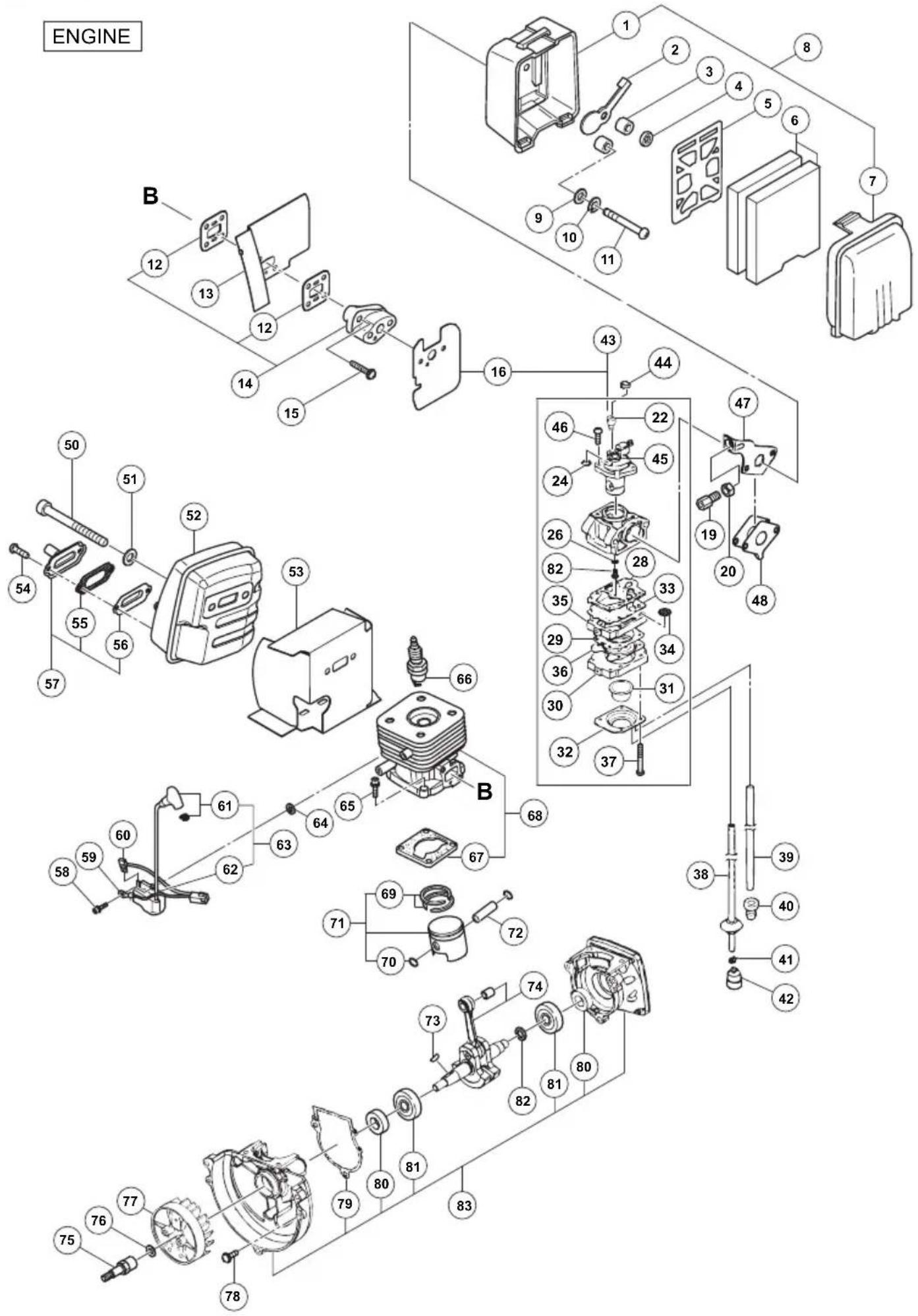 ENGINE B 12 13 12 14 15 16 43 44 46 22 45 24 26 28 33 35 34 29 36 30 31 32 37 47 19 20 48 50 51 52 53 54 55 56 57 66 68 61 63 64 65 67 58 59 60 62 71 70 72 73 74 75 76 77 78 79 80 81 82 81 80 83