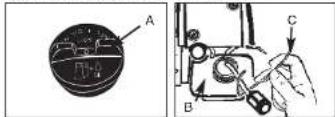 Technical diagram showing a dial gauge labeled A and a mechanical component with parts B and C, including a hand holding the switch.