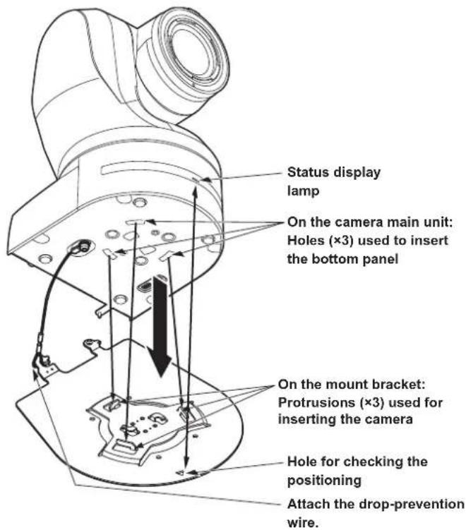 Status display lamp On the camera main unit: Holes (×3) used to insert the bottom panel On the mount bracket: Protrusions (×3) used for inserting the camera Hole for checking the positioning Attach the drop-prevention wire.