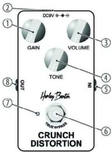 DC9V GAIN VOLUME TONE OUT Hearley Benton TRUE BYPASS CRUNCH DISTORTION