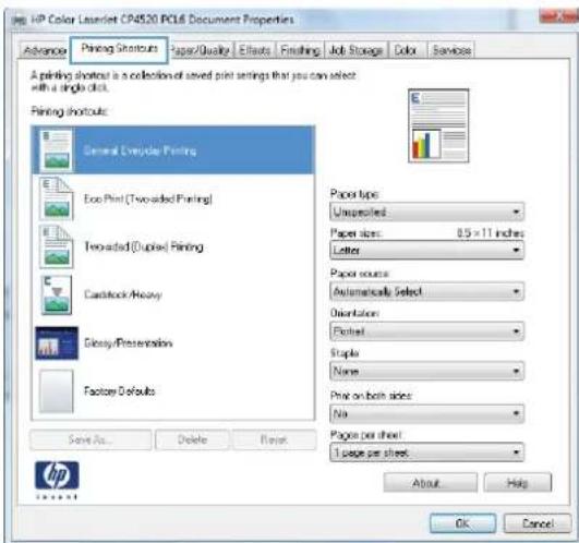 HP Color LaserJet CP5525dn - Use a printing shortcut with Windows - 3