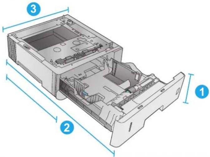 HP LaserJet Enterprise M604n - Dimensions for the input and output accessories - 1