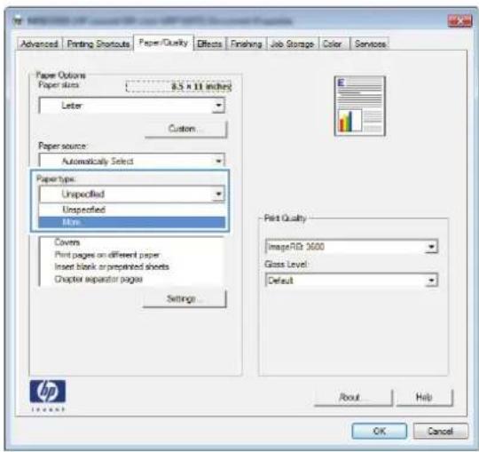 HP Color LaserJet Enterprise M855xh - Select the paper type (Windows) - 4