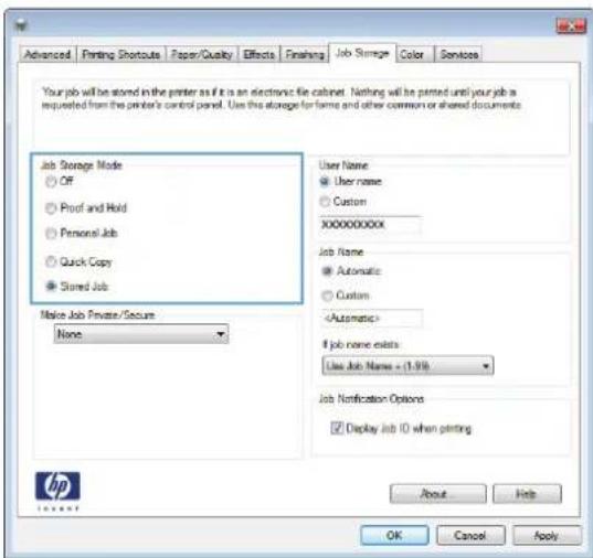HP Color LaserJet Enterprise M855xh - Select a Job Storage Mode option. - 1