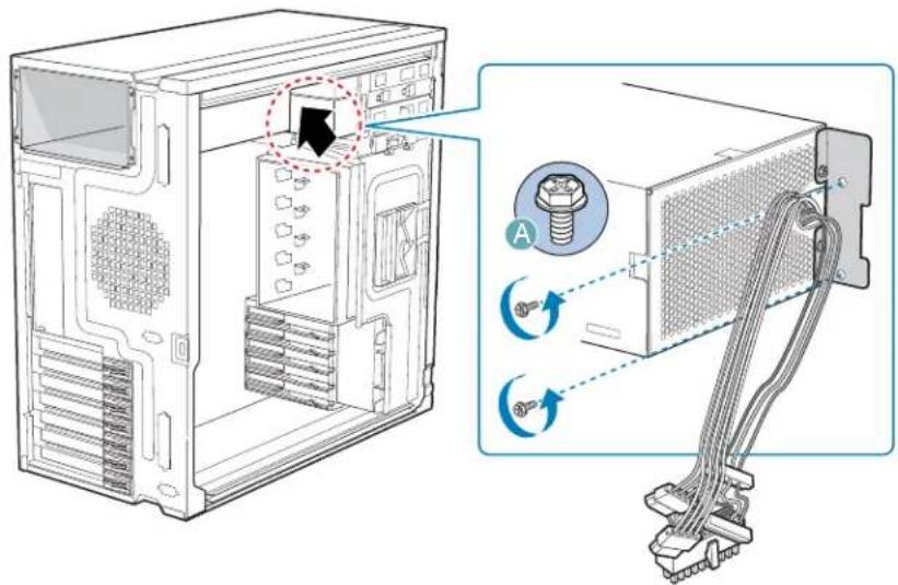 Technical diagram showing computer tower internal structure with screw and cable connections, labeled with component A