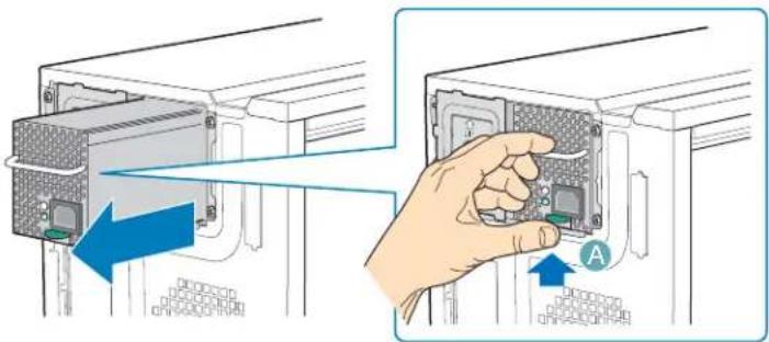 Diagram showing a hand inserting a component into a device, with blue arrows indicating direction and label 'A' pointing to the component.