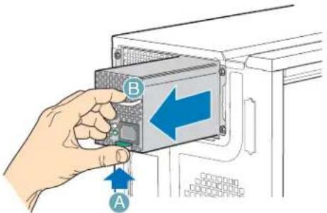 Diagram showing a hand inserting a device into a container labeled B, with arrows indicating direction of movement from B to A.