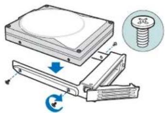 Diagram illustrating the assembly of a hard disk into a socket, with a magnified inset showing the screw and rotation direction.