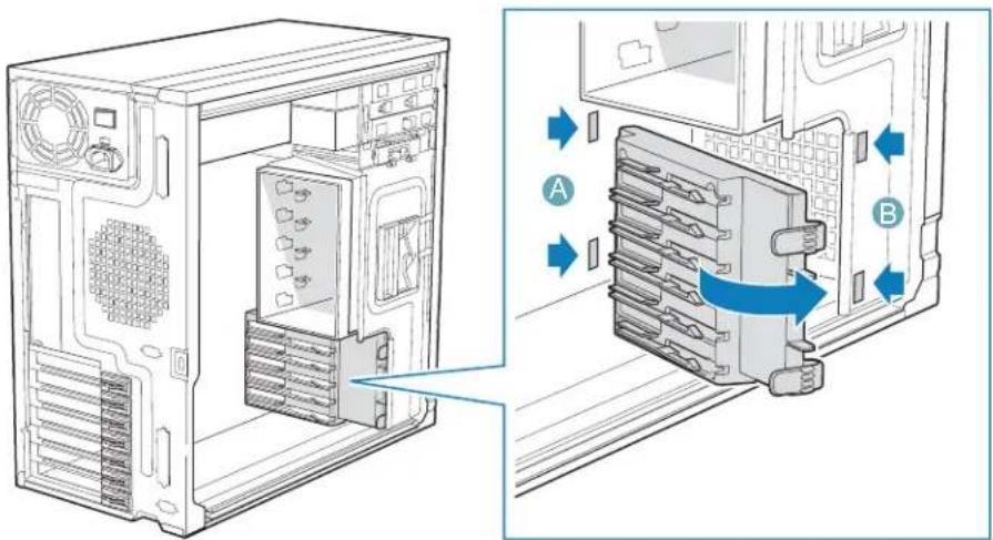 Technical diagram showing internal components of a server rack with labeled parts A and B, including ventilation and heat transfer arrows.
