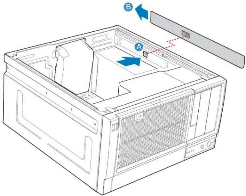 Technical diagram of a computer case with labeled components A and B, showing internal structure and assembly.