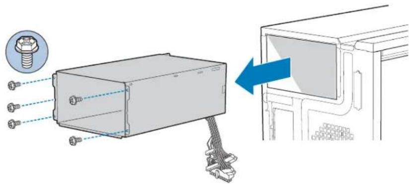 Technical diagram showing assembly of a device with labeled pins and a blue directional arrow indicating process flow.