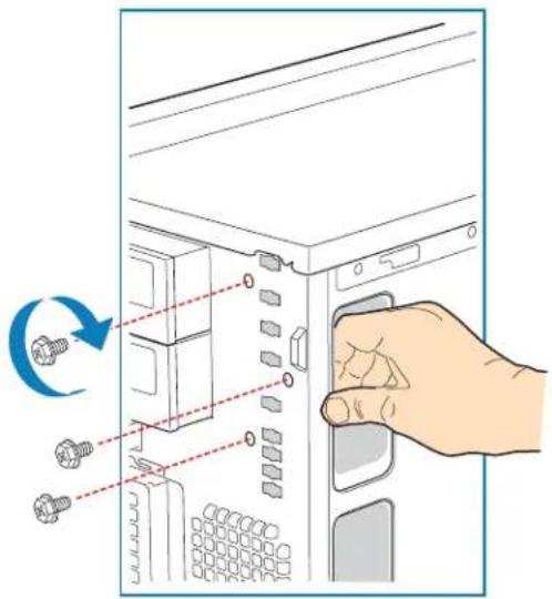 Diagram showing computer tower internal components with screw fasteners and a hand adjusting the tower's key, annotated with rotation arrow.