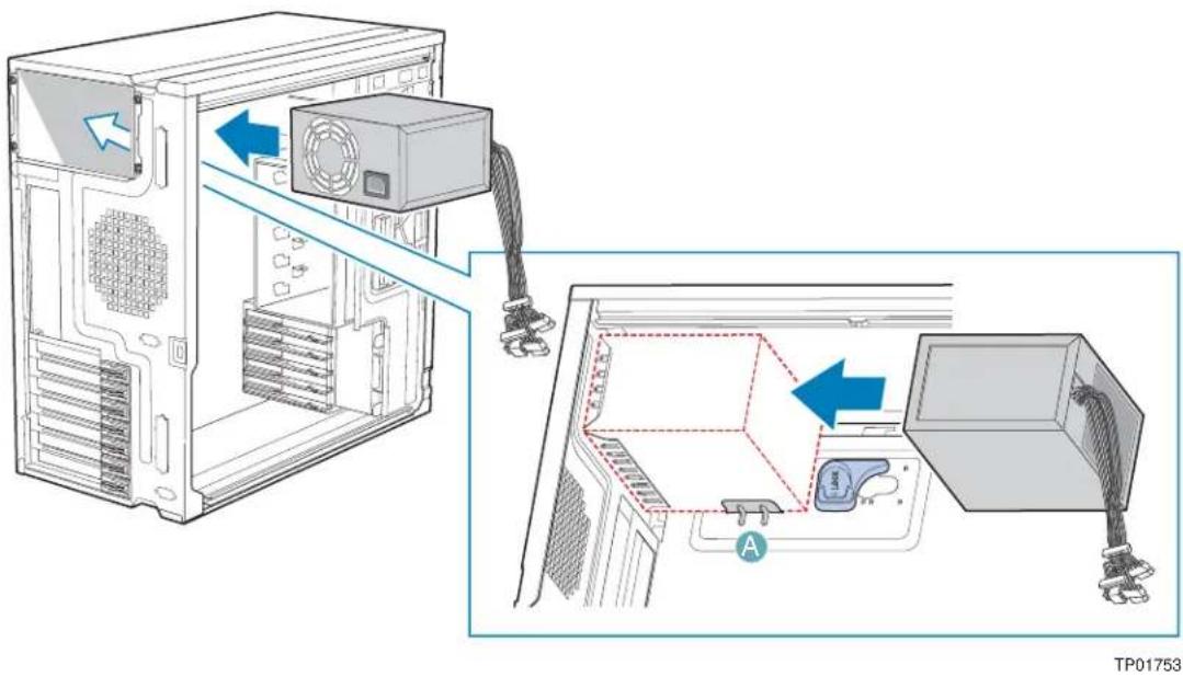 Diagram showing computer tower internal components with cable routing and labeled connection points