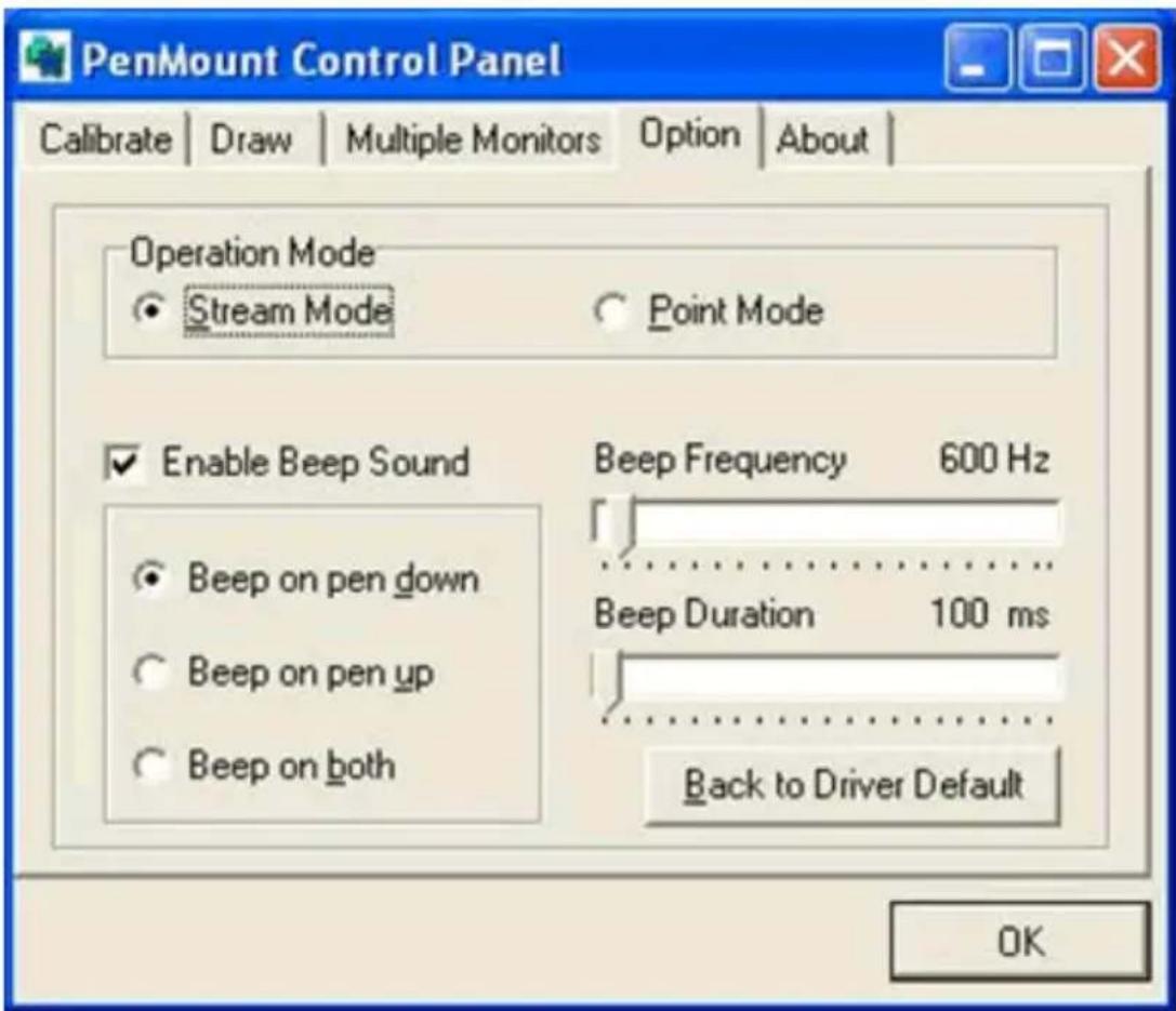 PenMount Control Panel Calibrate | Draw | Multiple Monitors | Option | About | Operation Mode Stream Mode Point Mode Enable Beep Sound Beep on pen down Beep on pen up Beep on both Beep Frequency 600 Hz Beep Duration 100 ms Back to Driver Default OK