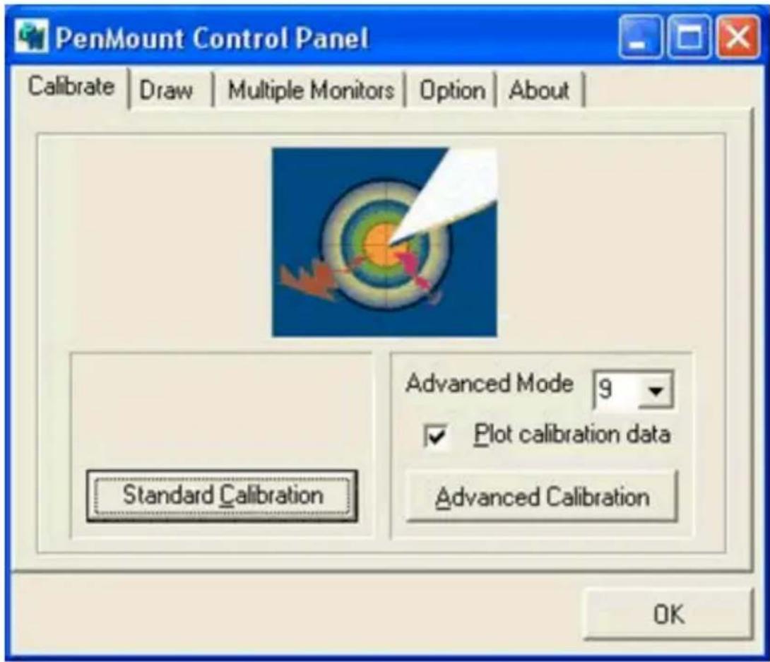 PenMount Control Panel Calibrate | Draw | Multiple Monitors | Option | About | Standard Calibration Advanced Mode 9 ✓ Plot calibration data Advanced Calibration OK