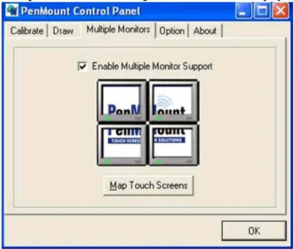 PenMount Control Panel Calibrate | Draw | Multiple Monitors | Option | About | Enable Multiple Monitor Support Map Touch Screens OK