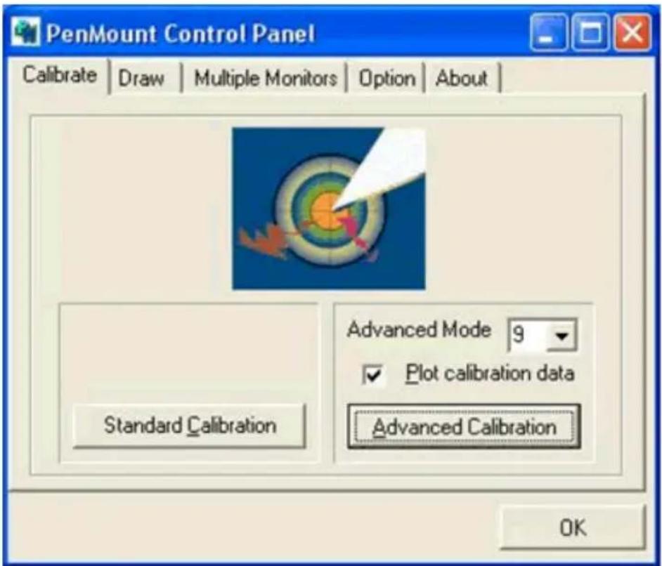 PenMount Control Panel Calibrate | Draw | Multiple Monitors | Option | About | Standard Calibration Advanced Mode 9 ✓ Plot calibration data Advanced Calibration OK