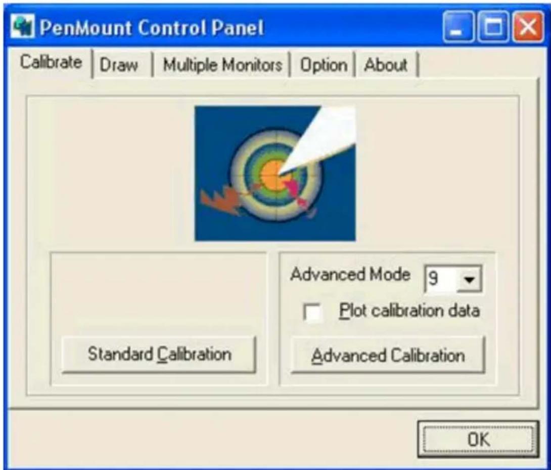 PenMount Control Panel Calibrate | Draw | Multiple Monitors | Option | About | Standard Calibration Advanced Mode 9 Plot calibration data Advanced Calibration OK