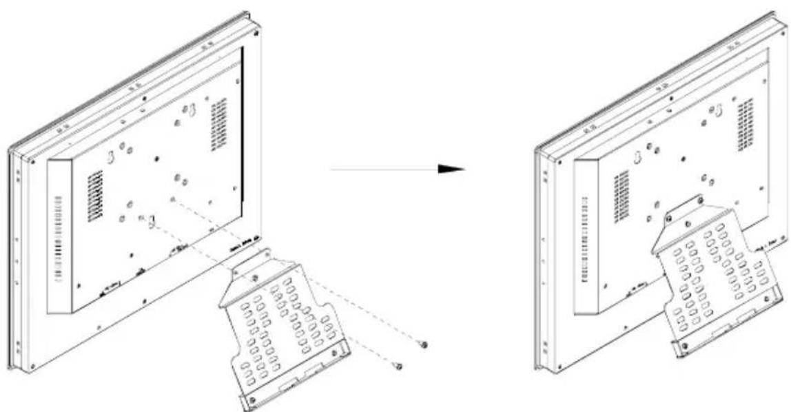 Technical diagram showing assembly of a device into two views, with labeled components and directional arrows indicating assembly steps.