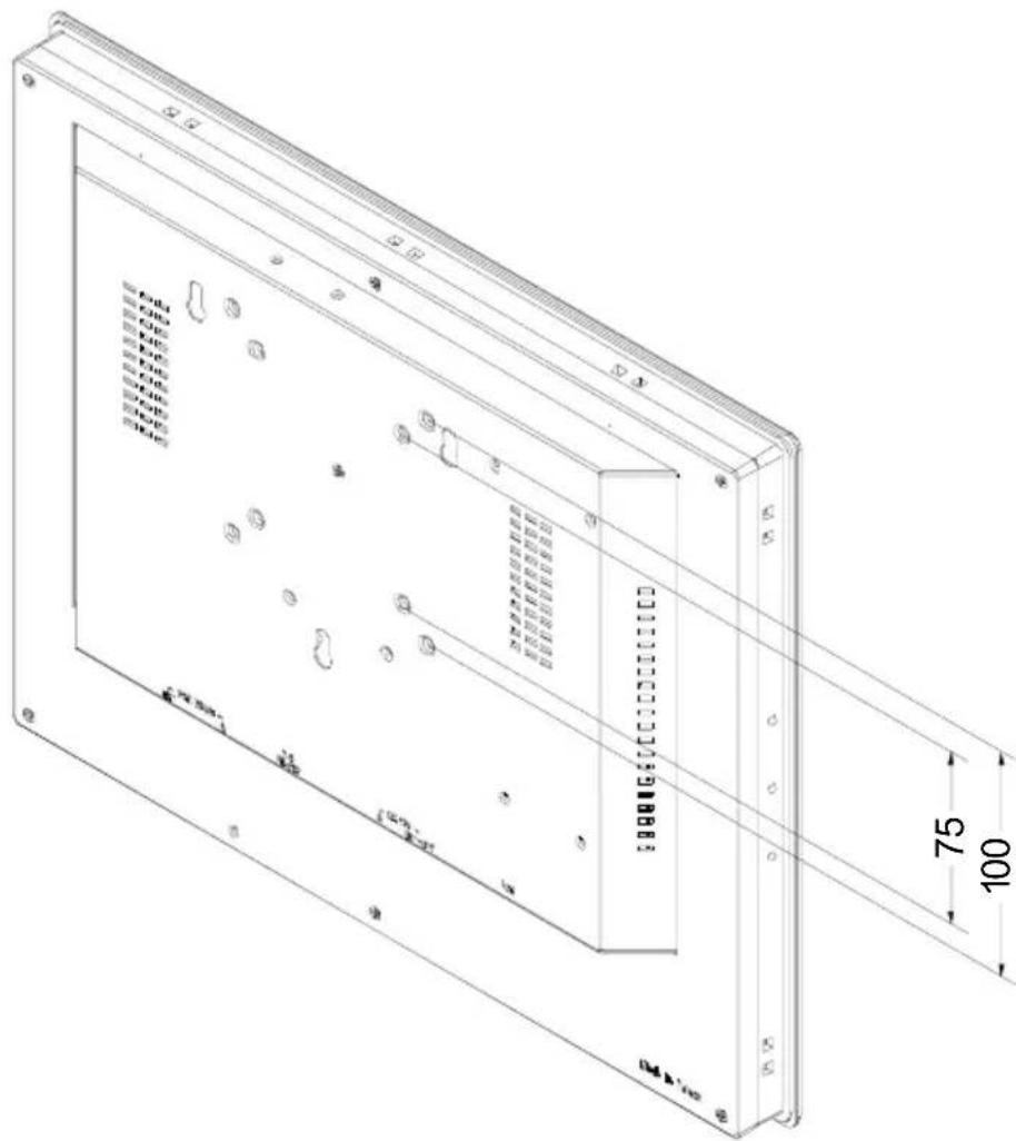 Technical diagram of a device rear panel with labeled components and dimensional annotations in millimeters