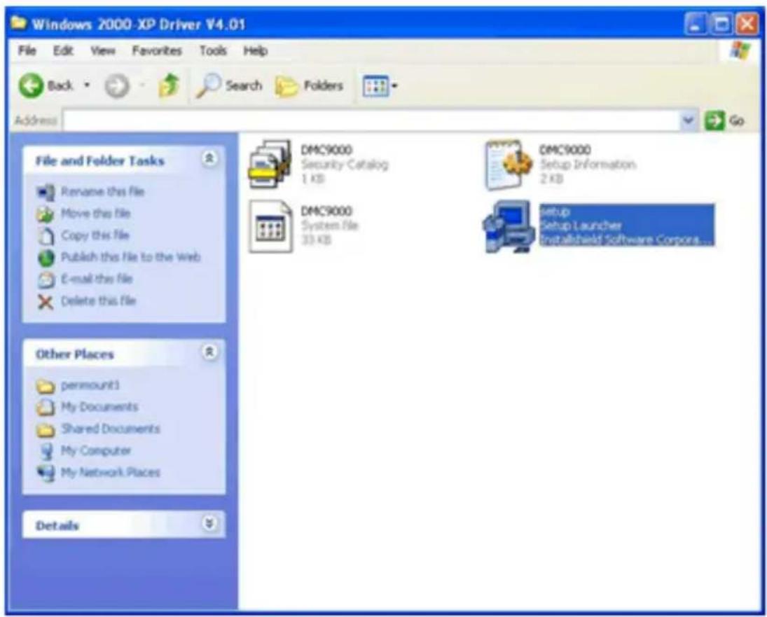Windows 2000-XP Driver V4.01 File Edit View Favorites Tools Help Back Search Folders Address File and Folder Tasks Rename this file Move this file Copy this file Publish this file to the Web E-mail this file Delete this file Other Places permount1 My Documents Shared Documents My Computer My Network Places Details DMC9000 Security Catalog 1 KB DMC9000 System File 33 KB DMC9000 Setup Information 2 KB Setup Setup Launcher InstallShield Software Corpora...