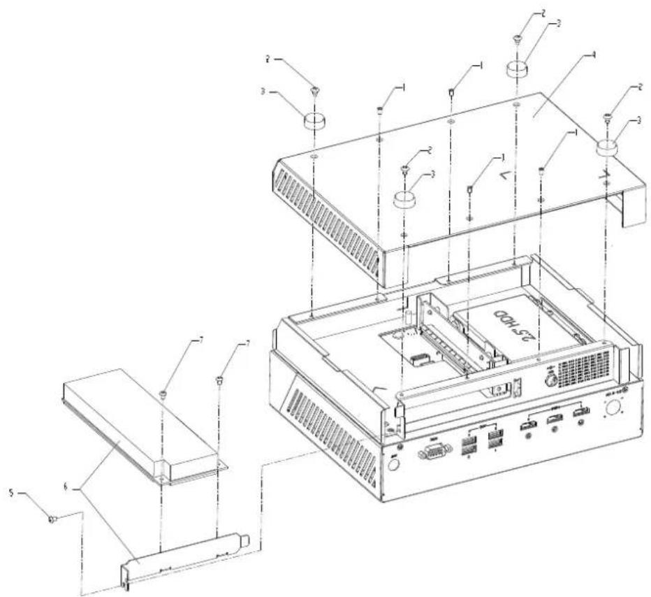 Technical diagram of an electronic device with labeled components, showing internal structure and assembly lines.
