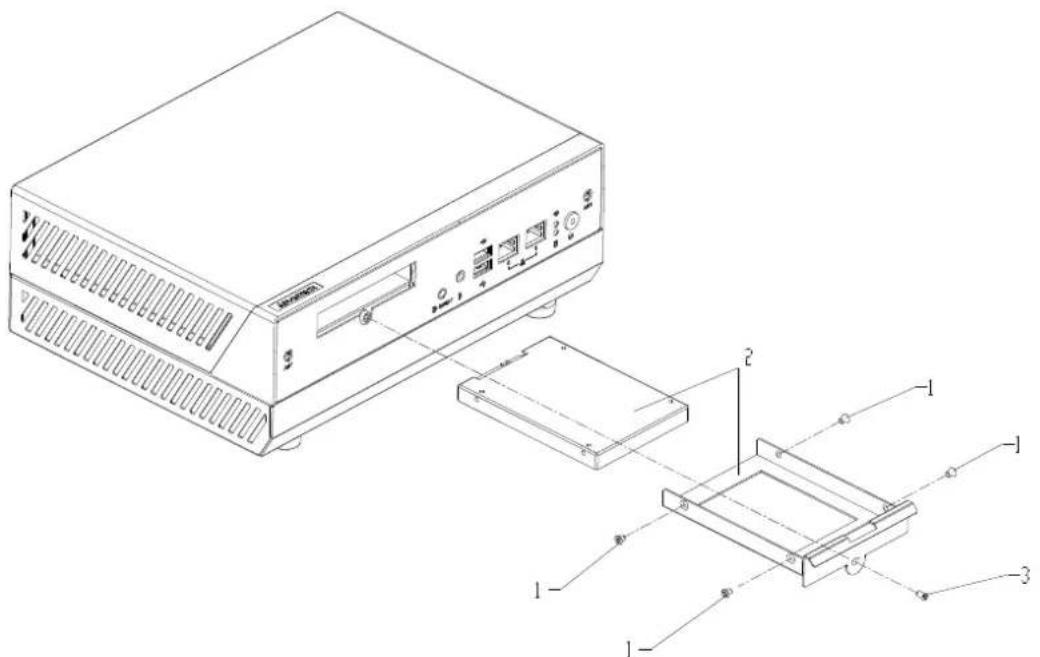Technical diagram of a computer drive with labeled components and exploded view
