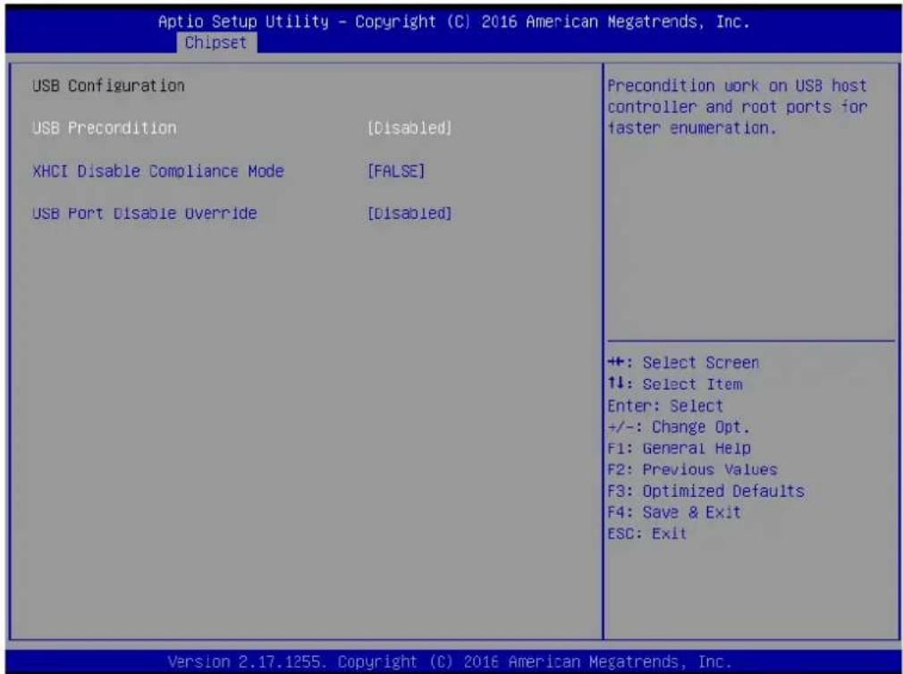 Aptio Setup Utility - Copyright (C) 2016 American Megatrends, Inc. Chipset USB Configuration USB Precondition [Disabled] XHCI Disable Compliance Mode [FALSE] USB Port Disable Override [Disabled] Precondition work on USB host controller and root ports for faster enumeration. +: Select Screen ↑↓: Select Item Enter: Select +/-: Change Opt. F1: General Help F2: Previous Values F3: Optimized Defaults F4: Save & Exit ESC: Exit Version 2.17.1255. Copyright (C) 2016 American Megatrends, Inc.