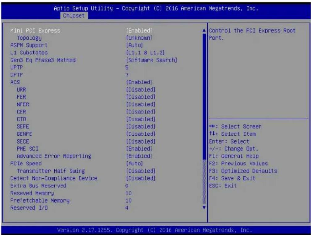 Aptio Setup Utility - Copyright (C) 2016 American Megatrends, Inc. Chipset Mini PCI Express Topology ASPM Support L1 Substates Gen3 Eq Phase3 Method UPTP DPTP ACS URR FER NFER CER CTO SEFE SENFE SECE PME SCI Advanced Error Reporting PCIe Speed Transmitter Half Swing Detect Non-Compliance Device Extra Bus Reserved Reserved Memory Prefetchable Memory Reserved I/O [Enabled] [Unknown] [Auto] [L1.1 & L1.2] [Software Search] 5 7 [Enabled] [Disabled] [Disabled] [Disabled] [Disabled] [Disabled] [Disabled] [Disabled] [Disabled] [Disabled] [Disabled] [Disabled] [Disabled] Control the PCI Express Root Port. +: Select Screen ↓: Select Item Enter: Select +/-: Change Opt. F1: General Help F2: Previous Values F3: Optimized Defaults F4: Save & Exit ESC: Exit Version 2.17.1255. Copyright (C) 2016 American Megatrends, Inc.