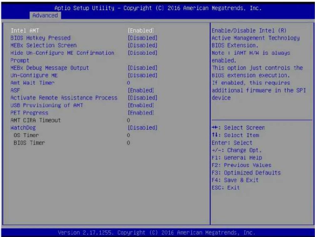 Aptio Setup Utility - Copyright (C) 2016 American Megatrends, Inc. Advanced Intel AMT [Enabled] BIOS Hotkey Pressed [Disabled] MEBx Selection Screen [Disabled] Hide Un-Configure ME Confirmation [Disabled] Prompt MEBx Debug Message Output [Disabled] Un-Configure ME [Disabled] Amt Wait Timer 0 ASF [Enabled] Activate Remote Assistance Process [Disabled] USB Provisioning of AMT [Enabled] PET Progress [Enabled] AMT CIRA Timeout 0 WatchDog [Disabled] OS Timer 0 BIOS Timer 0 Enable/Disable Intel (R) Active Management Technology BIOS Extension. Note : iAMT H/H is always enabled. This option just controls the BIOS extension execution. If enabled, this requires additional firmware in the SPI device +: Select Screen ↑↓: Select Item Enter: Select +/-: Change Opt. F1: General Help F2: Previous Values F3: Optimized Defaults F4: Save & Exit ESC: Exit Version 2.17.1255. Copyright (C) 2016 American Megatrends, Inc.