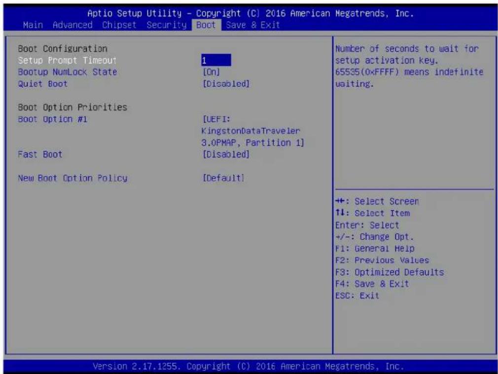 Aptio Setup Utility - Copyright (C) 2016 American Megatrends, Inc. Main Advanced Chipset Security Boot Save & Exit Boot Configuration Setup Prompt Timeout Bootup NumLock State Quiet Boot Boot Option Priorities Boot Option #1 Fast Boot New Boot Option Policy 1 [On] [Disabled] [UEFI: KingstonDataTraveler 3.0PMAP, Partition 1] [Disabled] [Default] Number of seconds to wait for setup activation key. 65535(0xFFFF) means indefinite waiting. +: Select Screen ↑↓: Select Item Enter: Select +/-: Change Opt. F1: General Help F2: Previous Values F3: Optimized Defaults F4: Save & Exit ESC: Exit Version 2.17.1255. Copyright (C) 2016 American Megatrends, Inc.