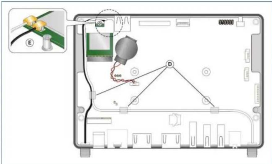 Diagram of an electronic device rear panel with labeled components and wiring, including a close-up view of cable connections.