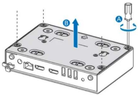 Diagram of an electronic device with labeled ports and directional arrows, showing a screwdriver and component layout.