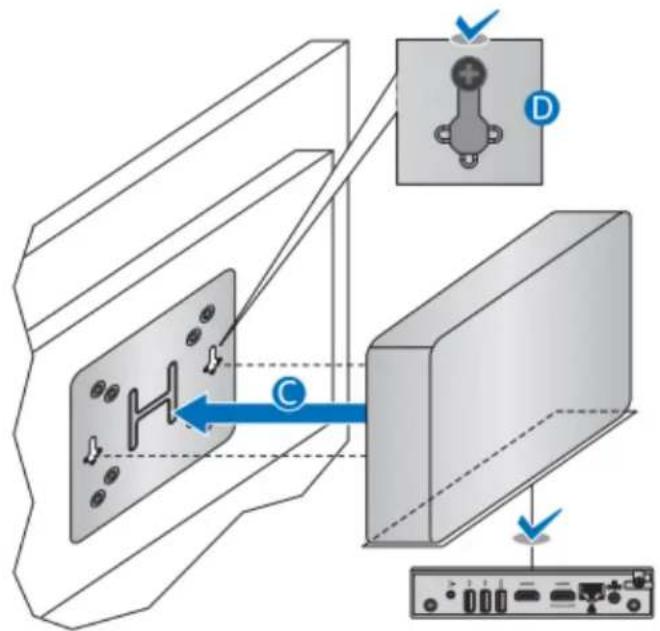 Diagram showing a device with labeled components and directional arrows, including a switch labeled D and a blue arrow labeled C.