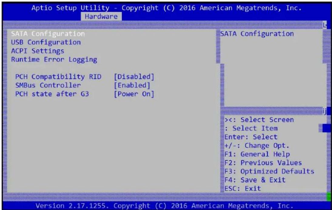 Aptio Setup Utility - Copyright (C) 2016 American Megatrends, Inc. Hardware SATA Configuration USB Configuration ACPI Settings Runtime Error Logging PCH Compatibility RID [Disabled] SMBus Controller [Enabled] PCH state after G3 [Power On] SATA Configuration <<: Select Screen : Select Item Enter: Select +/-: Change Opt. F1: General Help F2: Previous Values F3: Optimized Defaults F4: Save & Exit ESC: Exit Version 2.17.1255. Copyright (C) 2016 American Megatrends, Inc.