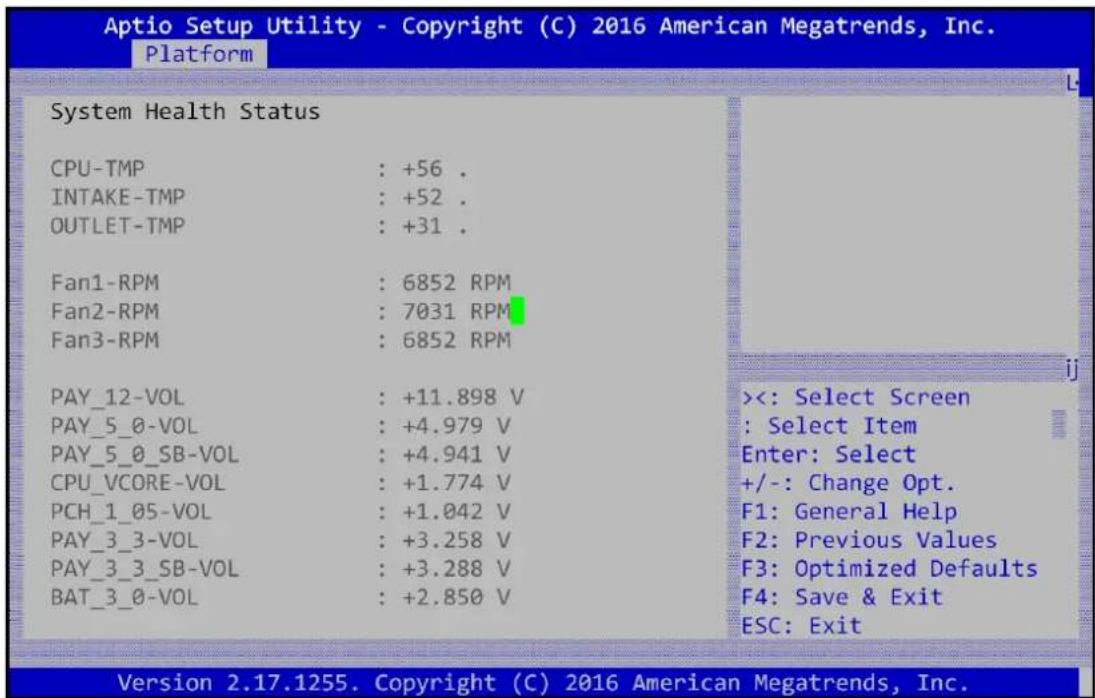 Aptio Setup Utility - Copyright (C) 2016 American Megatrends, Inc. Platform System Health Status CPU-TMP : +56 . INTAKE-TMP : +52 . OUTLET-TMP : +31 . Fan1-RPM : 6852 RPM Fan2-RPM : 7031 RPM Fan3-RPM : 6852 RPM PAY_12-VOL : +11.898 V PAY_5_0-VOL : +4.979 V PAY_5_0_SB-VOL : +4.941 V CPU_VCORE-VOL : +1.774 V PCH_1_05-VOL : +1.042 V PAY_3_3-VOL : +3.258 V PAY_3_3_SB-VOL : +3.288 V BAT_3_0-VOL : +2.850 V <<: Select Screen : Select Item Enter: Select +/-: Change Opt. F1: General Help F2: Previous Values F3: Optimized Defaults F4: Save & Exit ESC: Exit Version 2.17.1255. Copyright (C) 2016 American Megatrends, Inc.