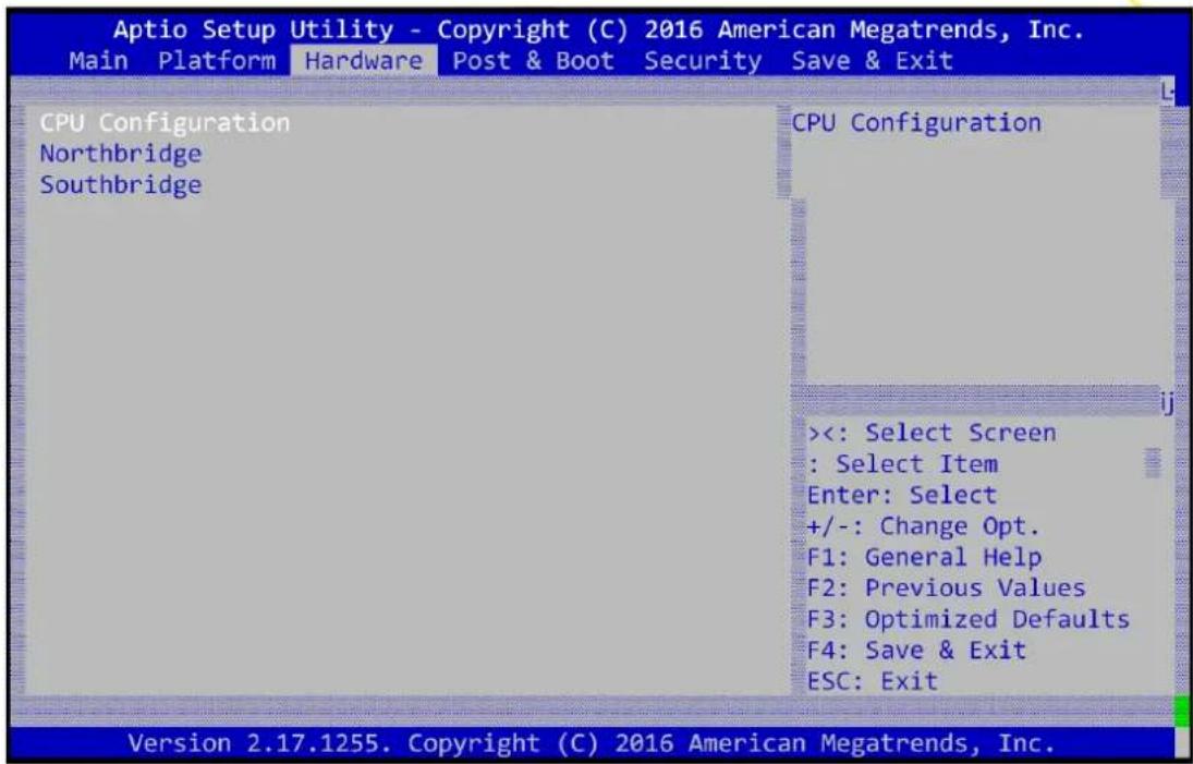Aptio Setup Utility - Copyright (C) 2016 American Megatrends, Inc. Main Platform Hardware Post & Boot Security Save & Exit CPU Configuration Northbridge Southbridge CPU Configuration <<: Select Screen : Select Item Enter: Select +/-: Change Opt. F1: General Help F2: Previous Values F3: Optimized Defaults F4: Save & Exit ESC: Exit Version 2.17.1255. Copyright (C) 2016 American Megatrends, Inc.