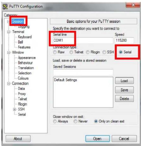 PuTTY Configuration Categories: Session Logging Terminal Keyboard Bell Features Window Appearance Behaviour Translation Selection Colours Connection Data Proxy Telnet Rlogin SSH Serial Basic options for your PuTTY session Specify the destination you want to connect to Serial line COM1 Speed 115200 Connection type: Raw Telnet Rlogin SSH Serial Load, save or delete a stored session Saved Sessions Default Settings Load Save Delete Close window on exit: Always Never Only on clean exit About Open Cancel