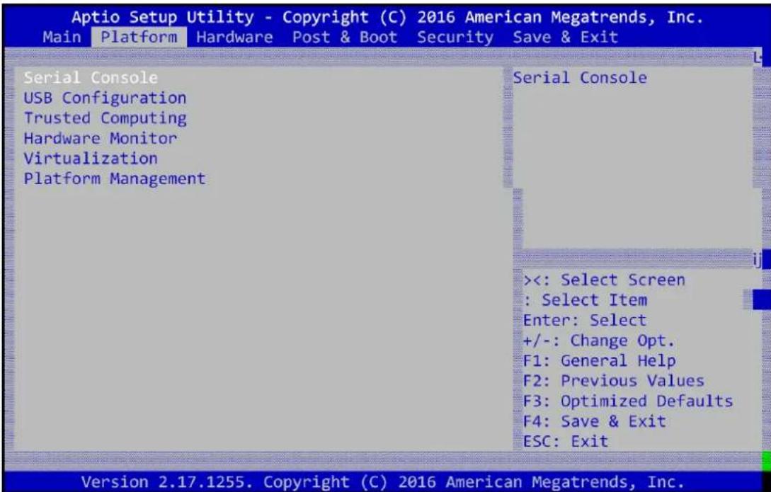Aptio Setup Utility - Copyright (C) 2016 American Megatrends, Inc. Main Platform Hardware Post & Boot Security Save & Exit Serial Console USB Configuration Trusted Computing Hardware Monitor Virtualization Platform Management Serial Console <<: Select Screen : Select Item Enter: Select +/-: Change Opt. F1: General Help F2: Previous Values F3: Optimized Defaults F4: Save & Exit ESC: Exit Version 2.17.1255. Copyright (C) 2016 American Megatrends, Inc.