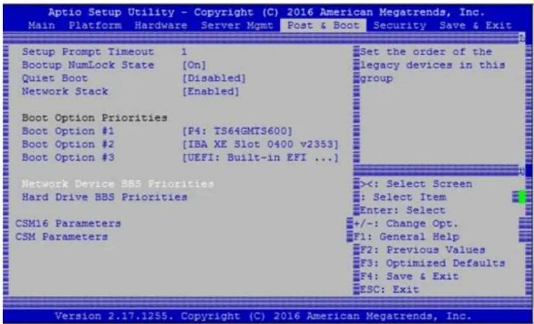Aptio Setup Utility - Copyright (C) 2016 American Megatrends, Inc. Main Platform Hardware Server Mgmt Post & Boot Security Save & Exit Setup Prompt Timeout 1 Bootup NumLock State [On] Quiet Boot [Disabled] Network Stack [Enabled] Boot Option Priorities Boot Option #1 [F4: TS64GMTS600] Boot Option #2 [IBA XE Slot 0400 v2353] Boot Option #3 [UEFI: Built-in EFI ...] Network Device BBS Priorities Hard Drive BBS Priorities CSM16 Parameters CSM Parameters Set the order of the legacy devices in this group <<: Select Screen : Select Item Enter: Select +/-: Change Opt. F1: General Help F2: Previous Values F3: Optimized Defaults F4: Save & Exit ESC: Exit Version 2.17.1255. Copyright (C) 2016 American Megatrends, Inc.
