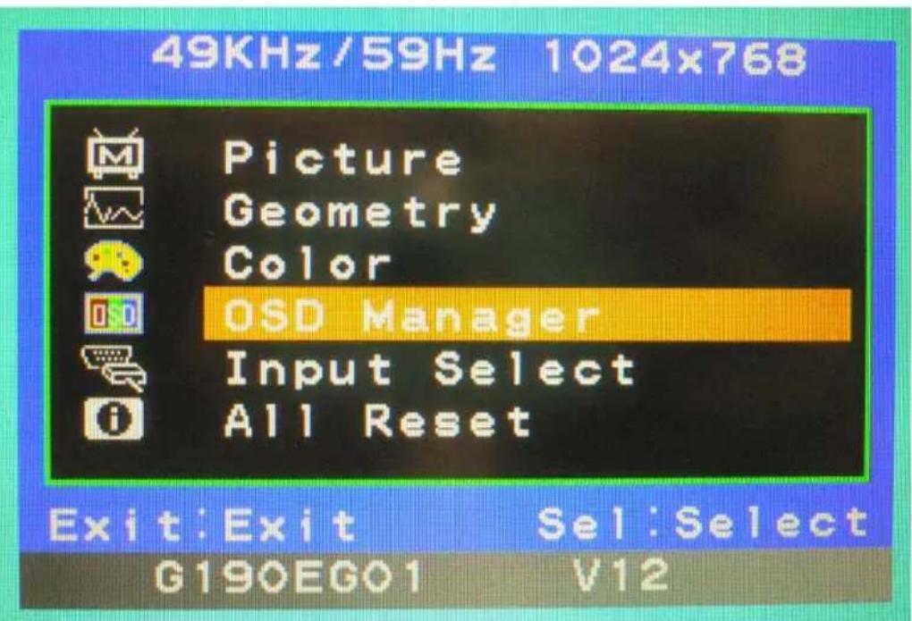 49KHz/59Hz 1024x768 Picture Geometry Color OSD Manager Input Select All Reset Exit:Exit Sel:Select G190EGO1 V12