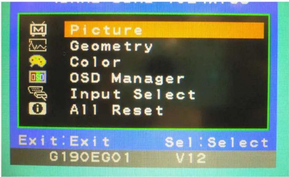 Picture Geometry Color OSD Manager Input Select All Reset Exit:Exit Sel:Select G190EG01 V12