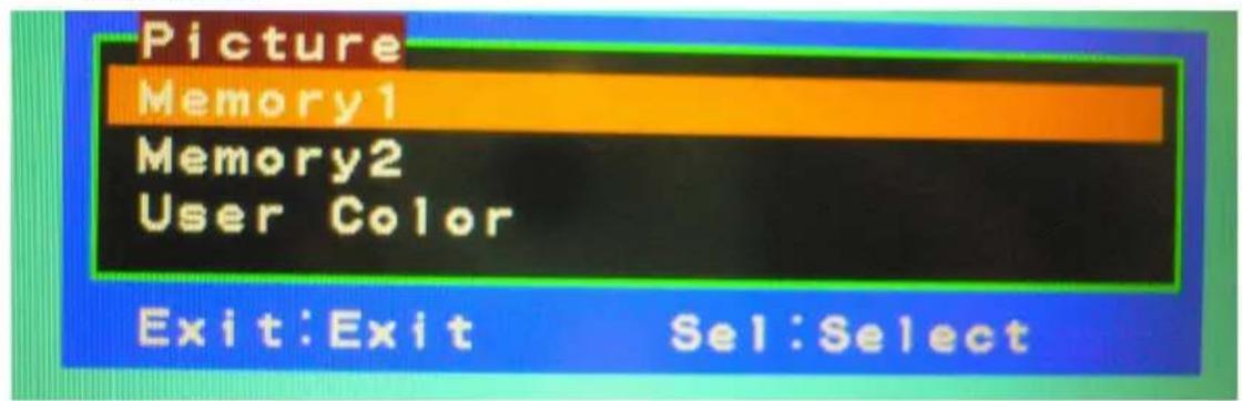 Picture Memory1 Memory2 User Color Exit:Exit Sel:Select