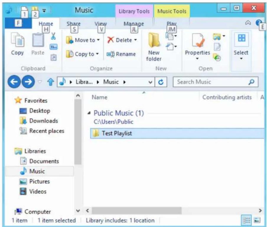 Music Library Tools Music Tools F Home Share View Manage Play Copy Paste Move to Delete New Copy to Rename New folder Properties Select Clipboard Organize New Open Search Music Favorites Desktop Downloads Recent places Libraries Documents Music Pictures Videos Computer 1 item 1 item selected Library includes: 1 location Name Contributing artists A Public Music (1) C:\Users\Public Test Playlist