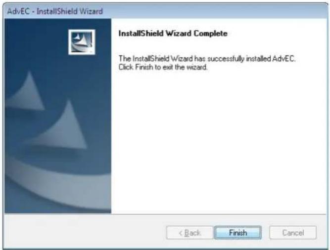 AdvEC - InstallShield Wizard InstallShield Wizard Complete The InstallShield Wizard has successfully installed AdvEC. Click Finish to exit the wizard.