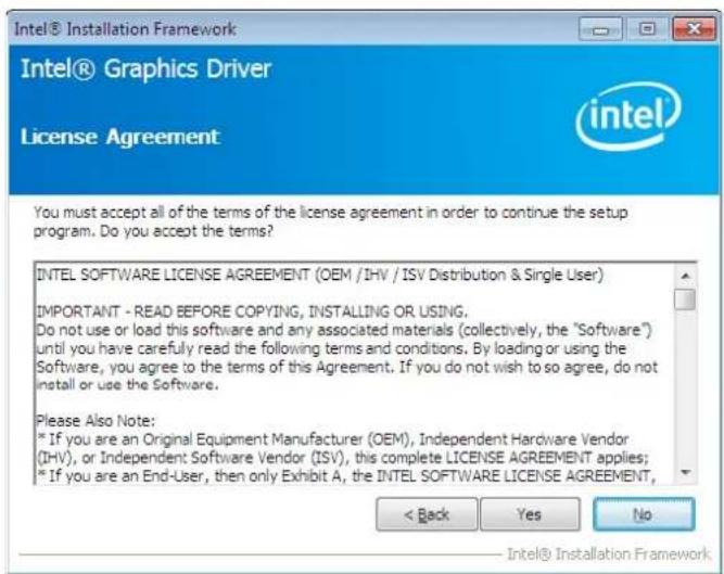 Intel® Installation Framework Intel® Graphics Driver License Agreement You must accept all of the terms of the license agreement in order to continue the setup program. Do you accept the terms? INTEL SOFTWARE LICENSE AGREEMENT (OEM / IHV / ISV Distribution & Single User) IMPORTANT - READ BEFORE COPYING, INSTALLING OR USING. Do not use or load this software and any associated materials (collectively, the "Software") until you have carefully read the following terms and conditions. By loading or using the Software, you agree to the terms of this Agreement. If you do not wish to so agree, do not install or use the Software. Please Also Note: * If you are an Original Equipment Manufacturer (OEM), Independent Hardware Vendor (IHV), or Independent Software Vendor (ISV), this complete LICENSE AGREEMENT applies; * If you are an End-User, then only Exhibit A, the INTEL SOFTWARE LICENSE AGREEMENT, < Back Yes No Intel® Installation Framework