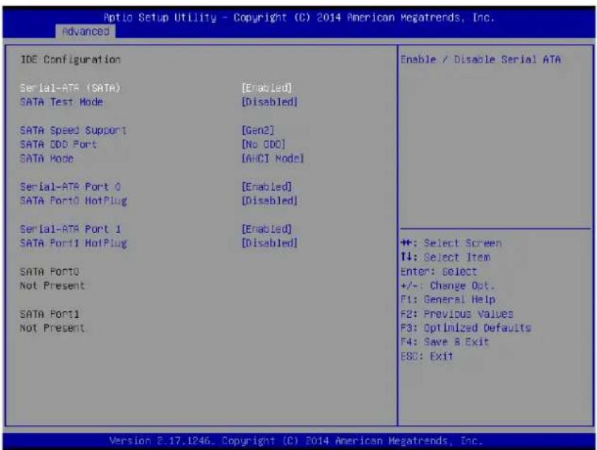 Aptio Setup Utility - Copyright (C) 2014 American Megatrends, Inc. Advanced IDE Configuration Serial-ATR (SATa) SATA Test Mode SATA Speed Support SATA DDD Port SATA Mode Serial-ATR Port 0 SATA Port0 HotPlug Serial-ATR Port 1 SATA Port1 HotPlug SATA Port0 Not Present SATA Port1 Not Present [Enabled] [Disabled] [Gen2] [No ODC] [AHCI Model] [Enabled] [Disabled] [Enabled] [Disabled] Enable / Disable Serial ATA ++: Select Screen ↑↓: Select Item Enter: Select +/-: Change Opt. F1: General Help F2: Previous Values F3: Optimized Defaults F4: Save & Exit E8C: Exit Version 2.17.1246. Copyright (C) 2014 American Megatrends, Inc.